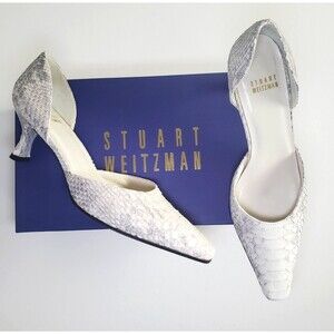 Stuart Weitzman Heels 6.5 White Gray Python Kitten Heel "Toucan Birch Velvet"
